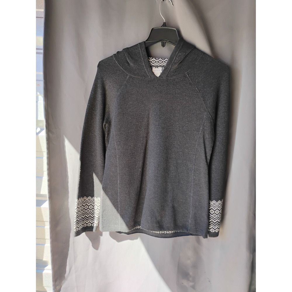 Aspen Reversible Hooded Sweater Womens Large Charcoal Grey Geometric Fair Isle